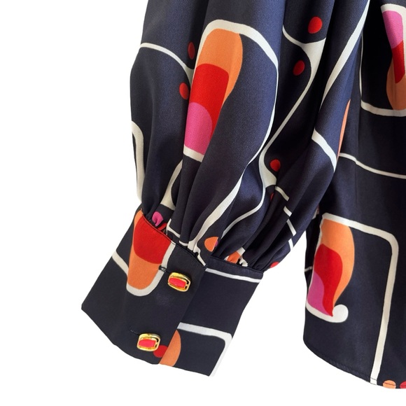 Zara Geometric Print Blouse, Dark Blue, Loose Fit, Long Sleeves, Size Large - Picture 5 of 7